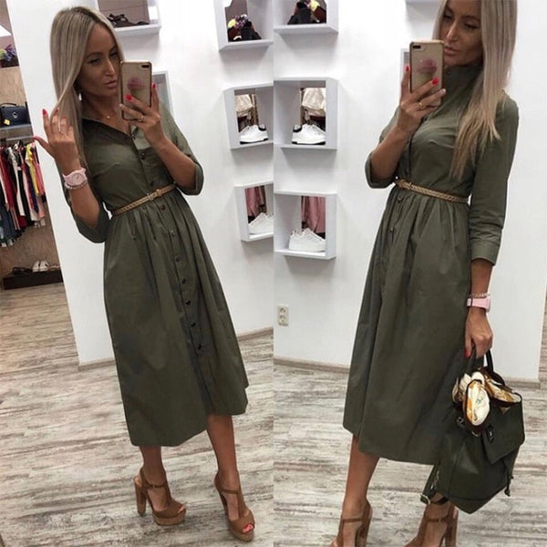 Women Casual Sashes a Line Party Dress Ladies Button Turn Down Collar OL Style Shirt Dress 2019 Summer Solid Knee Dress