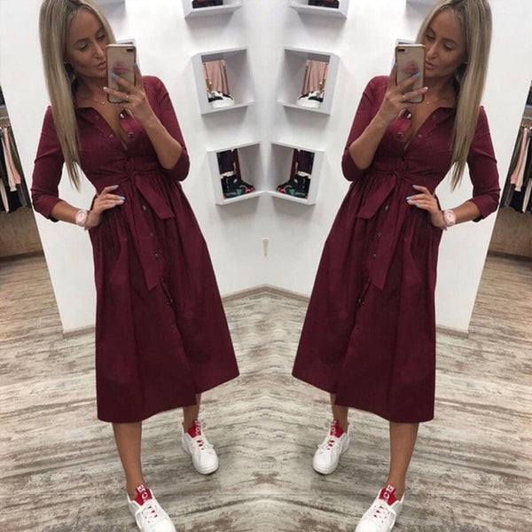 Women Casual Sashes a Line Party Dress Ladies Button Turn Down Collar OL Style Shirt Dress 2019 Summer Solid Knee Dress