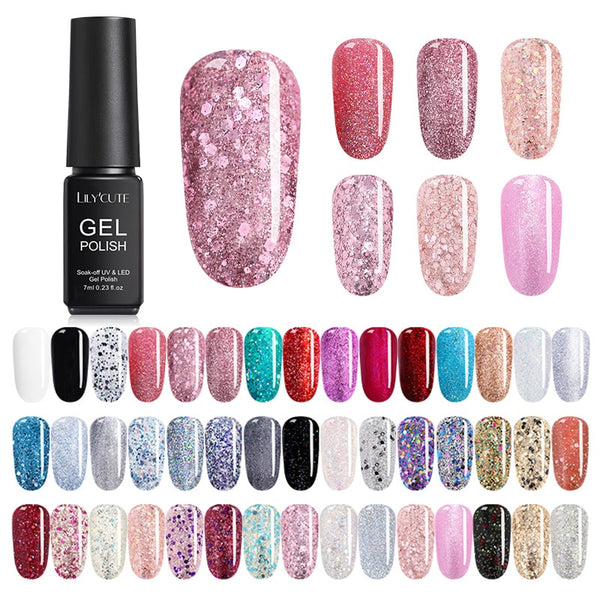 LILYCUTE 7ml UV Gel Nail Polish  Glitter Pink Color Series Soak Off Nail Art Gel Polish Varnish  Design