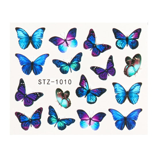 NEW Butterfly Nail Stickers Water Transfer Decals Colorful Blue Black Design Nail Art Manicure Sliders Wraps Foils TRSTZ982-1017