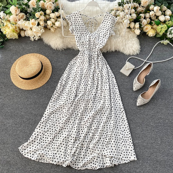 SINGRAIN Women Irregular Polka Dot Long Dress V Neck Chiffon Ruffle Sleeve Boho Midi Long Dress Summer A-line Beach Dress 2020