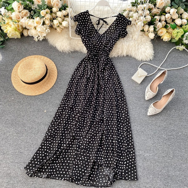 SINGRAIN Women Irregular Polka Dot Long Dress V Neck Chiffon Ruffle Sleeve Boho Midi Long Dress Summer A-line Beach Dress 2020