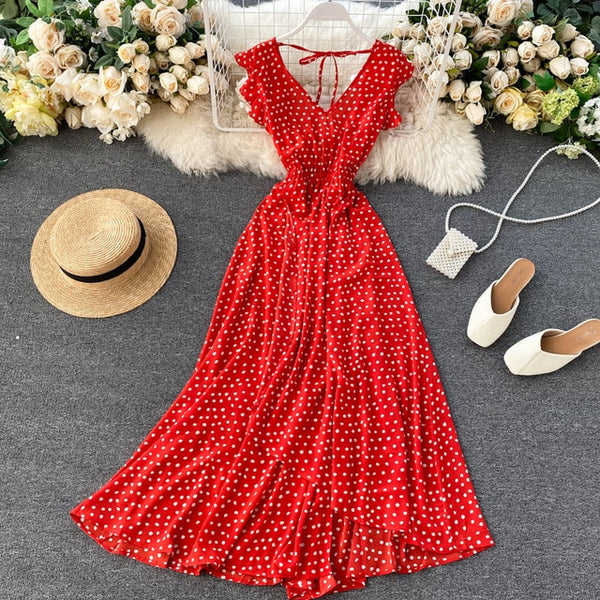 SINGRAIN Women Irregular Polka Dot Long Dress V Neck Chiffon Ruffle Sleeve Boho Midi Long Dress Summer A-line Beach Dress 2020