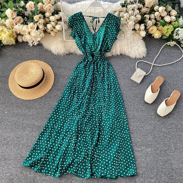 SINGRAIN Women Irregular Polka Dot Long Dress V Neck Chiffon Ruffle Sleeve Boho Midi Long Dress Summer A-line Beach Dress 2020