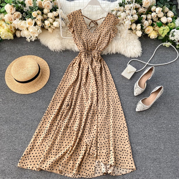 SINGRAIN Women Irregular Polka Dot Long Dress V Neck Chiffon Ruffle Sleeve Boho Midi Long Dress Summer A-line Beach Dress 2020