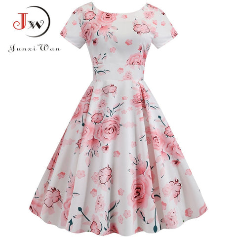 Summer Floral Print Elegant A-line Party Dress Women Slim White Short Sleeve Swing Pin up Vintage Dresses Plus Size Robe Femme