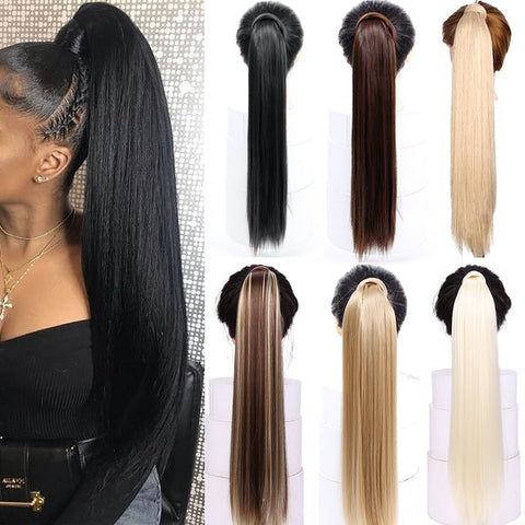 Straight Clip In Hair Tail False Hair 24" 120g Ponytail Hairpiece With Hairpins Synthetic Hair Pony Tail Hair Extensions AOSIWIG