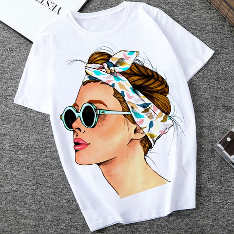 Plus Size Women Summer Vogue Print Lady Casual T-shirt Tops Harajuku Streetwear Short Sleeve O-Neck Tops Tees Camisetas Mujer