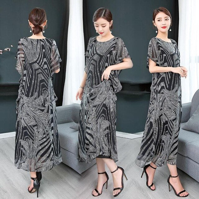 2020 Fashion Imitation Silk High Quality Summer Women Dress  Printed Retro Dress Chinese Style Loose Casual Sleeveless Plus Size